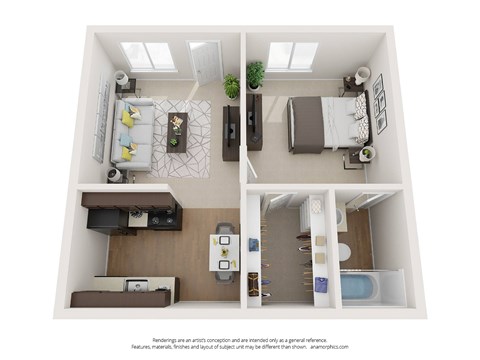 Floor plan for 1 bed, 1 bath, 418 sqft